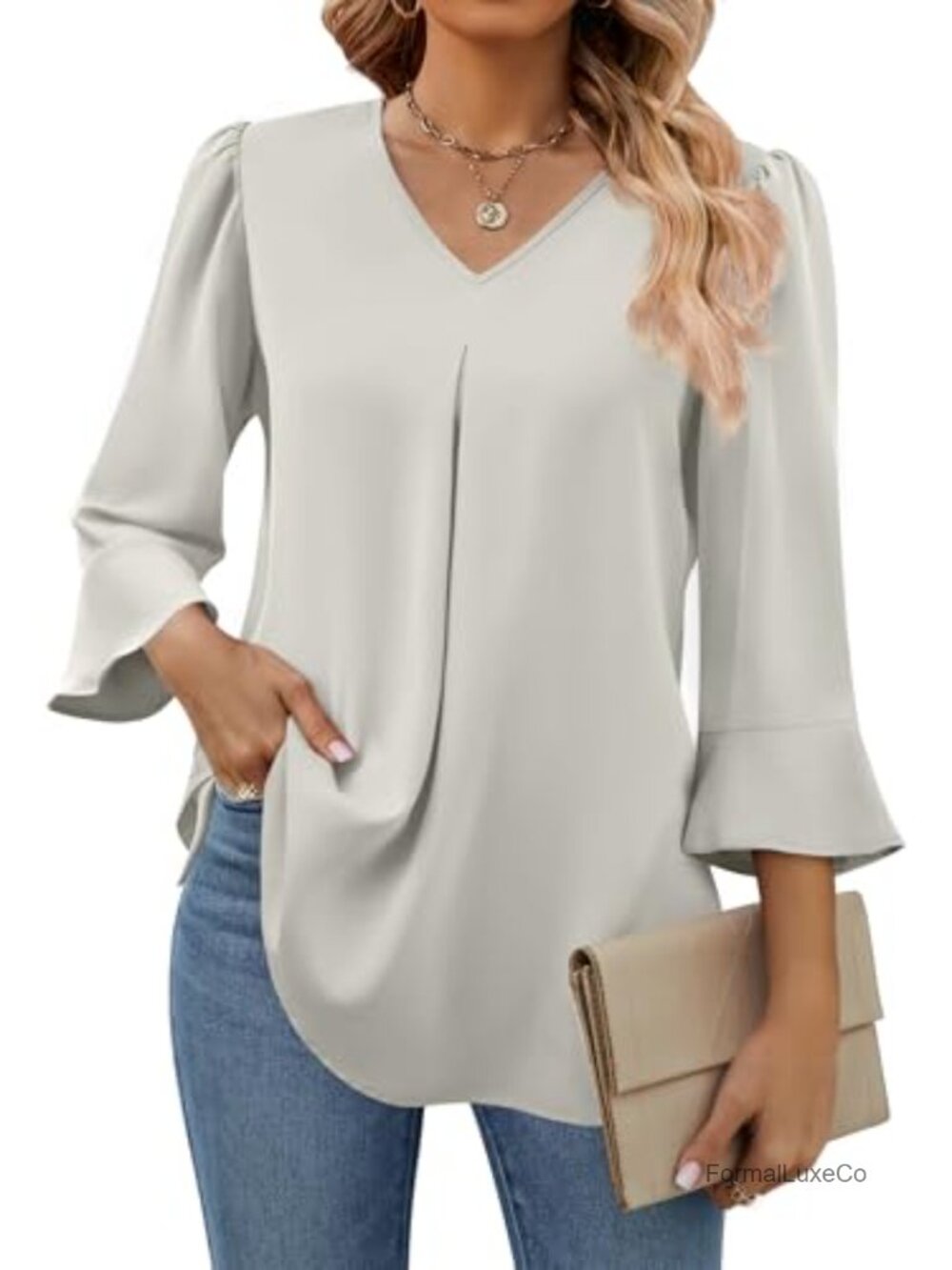 Women's 3/4 Sleeve Chiffon Blouse Dressy Casual V-Neck Tunic Top
